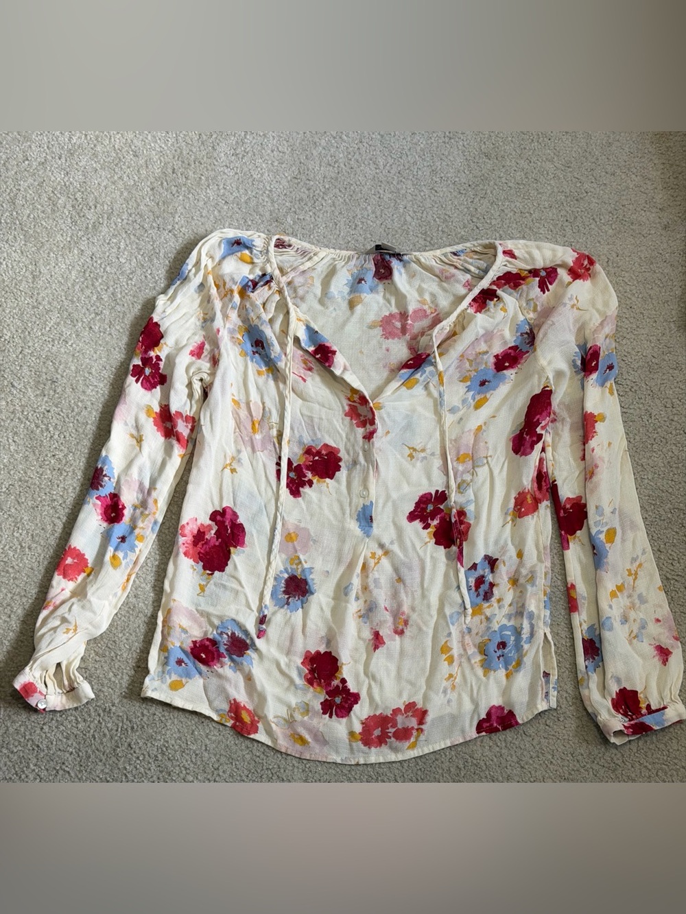 Lucky Brand Long Sleeve Sheer Button Floral Boho Multicolor Blouse Top Sz XS